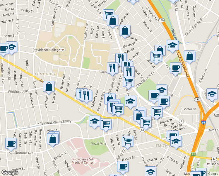 map of restaurants, bars, coffee shops, grocery stores, and more near 107 Pembroke Avenue in Providence