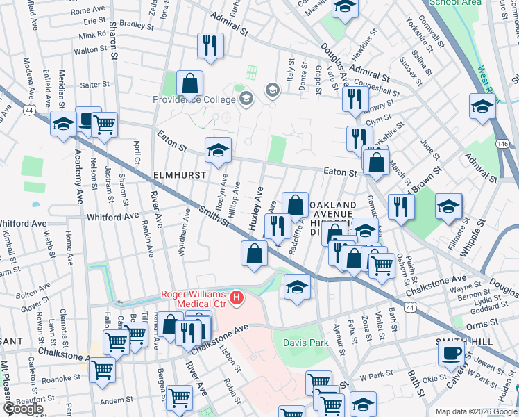 map of restaurants, bars, coffee shops, grocery stores, and more near 50 Huxley Avenue in Providence