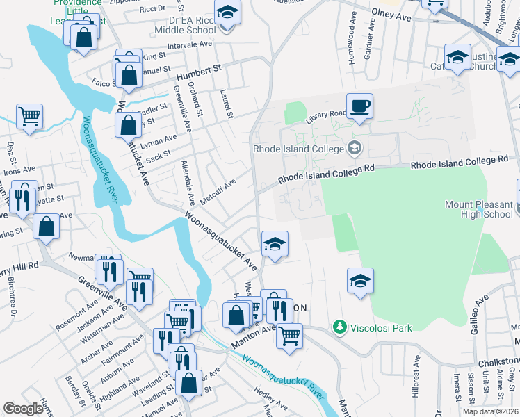 map of restaurants, bars, coffee shops, grocery stores, and more near 196 Fruit Hill Avenue in North Providence