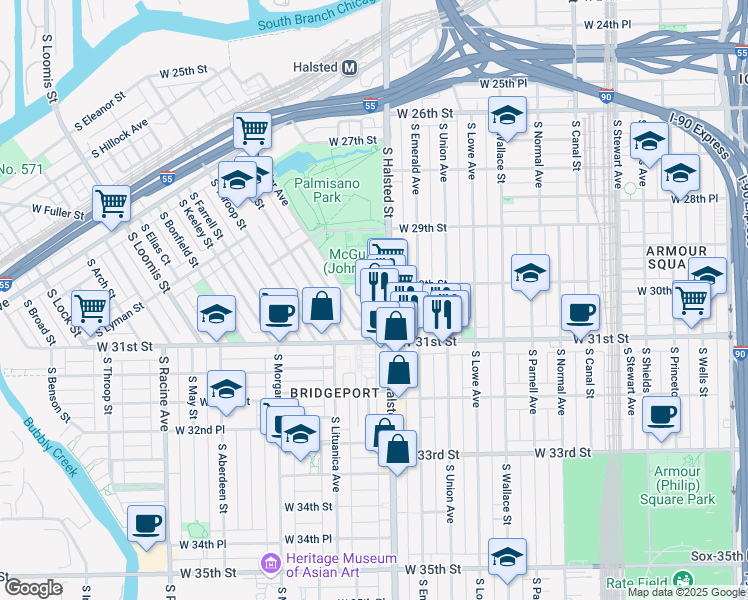 map of restaurants, bars, coffee shops, grocery stores, and more near 3010 South Halsted Street in Chicago