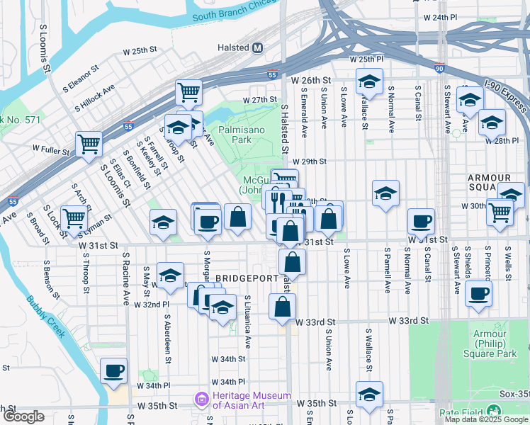 map of restaurants, bars, coffee shops, grocery stores, and more near 3015 South Poplar Avenue in Chicago