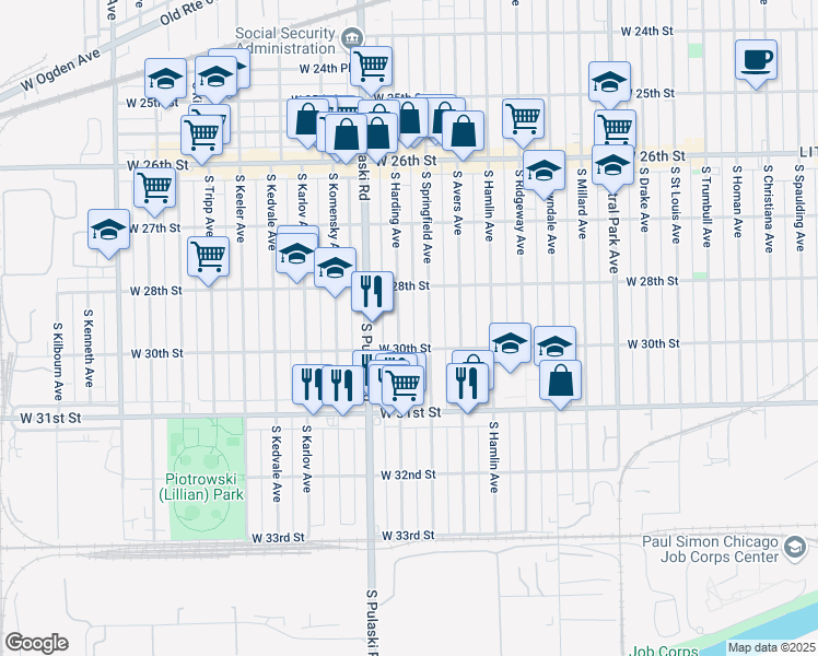 map of restaurants, bars, coffee shops, grocery stores, and more near 2833 South Harding Avenue in Chicago