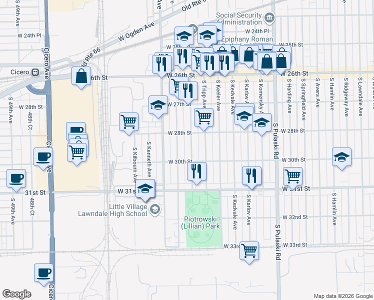 map of restaurants, bars, coffee shops, grocery stores, and more near 2830 South Kildare Avenue in Chicago