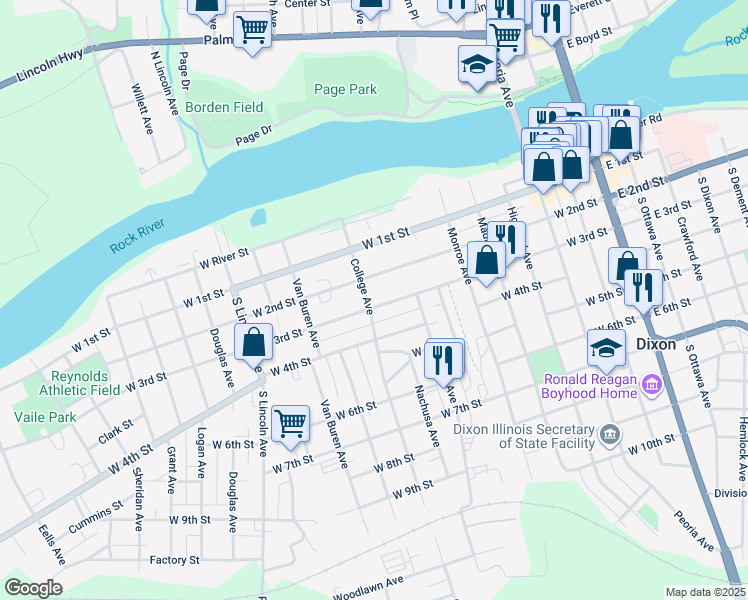 map of restaurants, bars, coffee shops, grocery stores, and more near 211 South College Avenue in Dixon