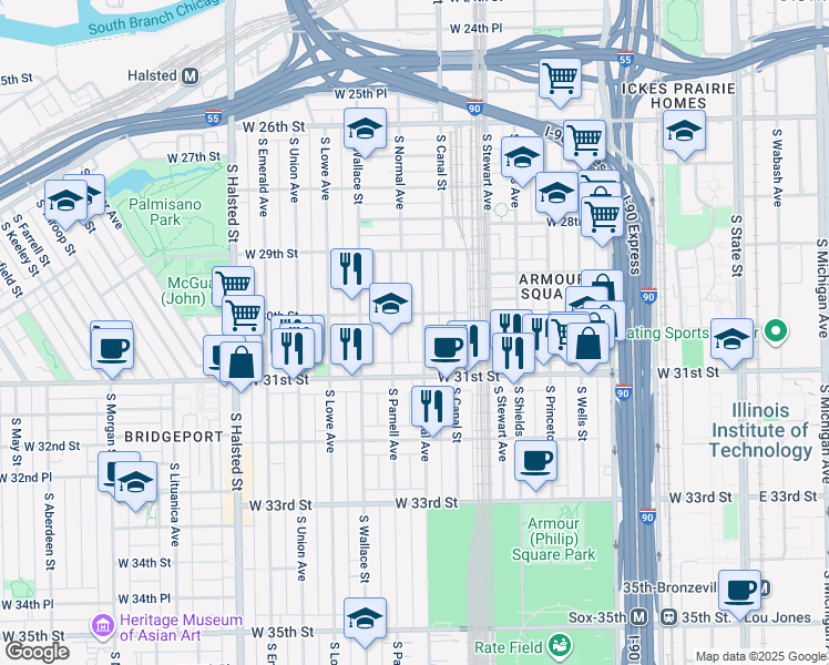 map of restaurants, bars, coffee shops, grocery stores, and more near 3016 South Normal Avenue in Chicago