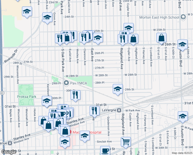 map of restaurants, bars, coffee shops, grocery stores, and more near 6538 28th Street in Berwyn