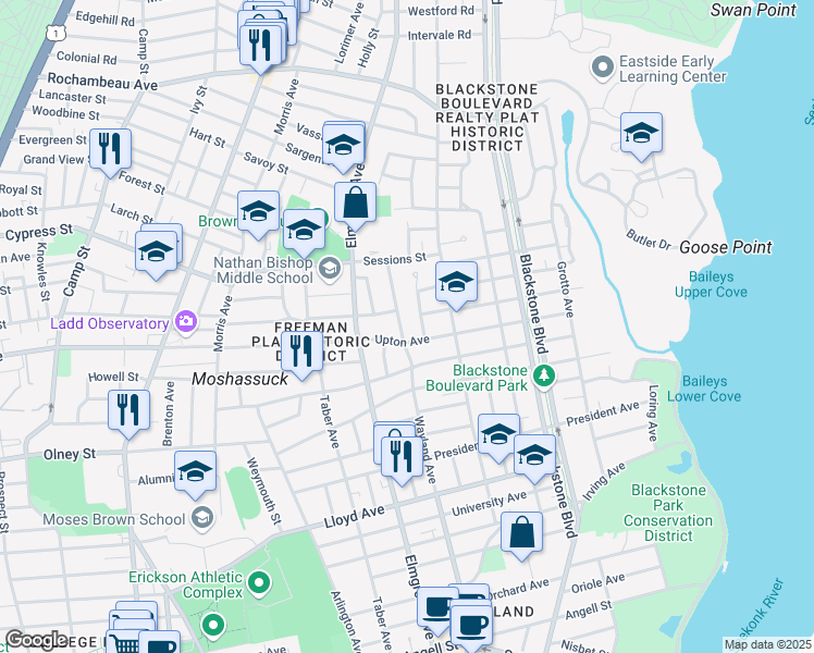 map of restaurants, bars, coffee shops, grocery stores, and more near 509 Wayland Avenue in Providence