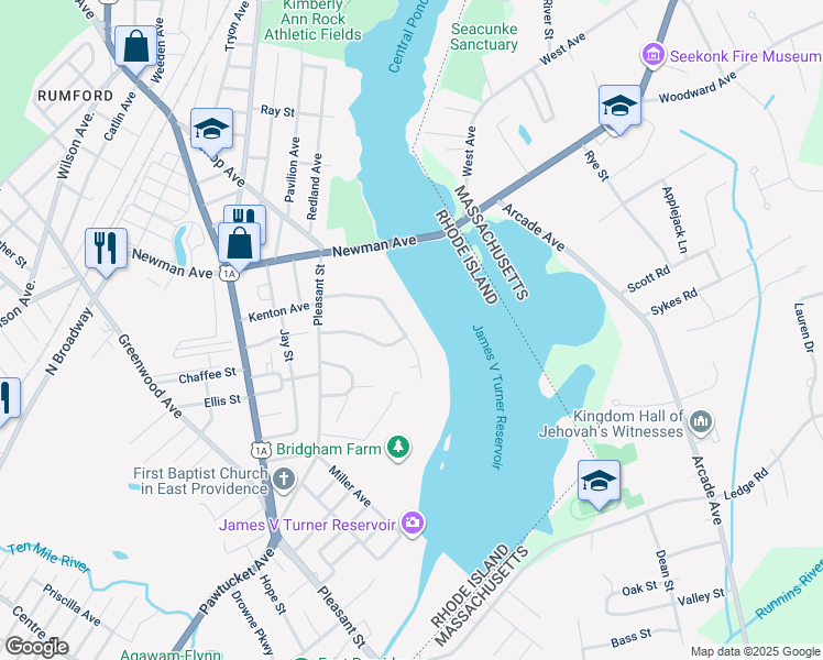 map of restaurants, bars, coffee shops, grocery stores, and more near 30 Bridgham Farm Road in East Providence