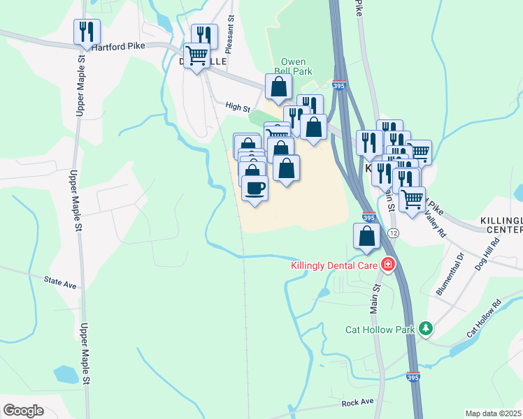 map of restaurants, bars, coffee shops, grocery stores, and more near 2177 Killingly Commons Drive in Killingly