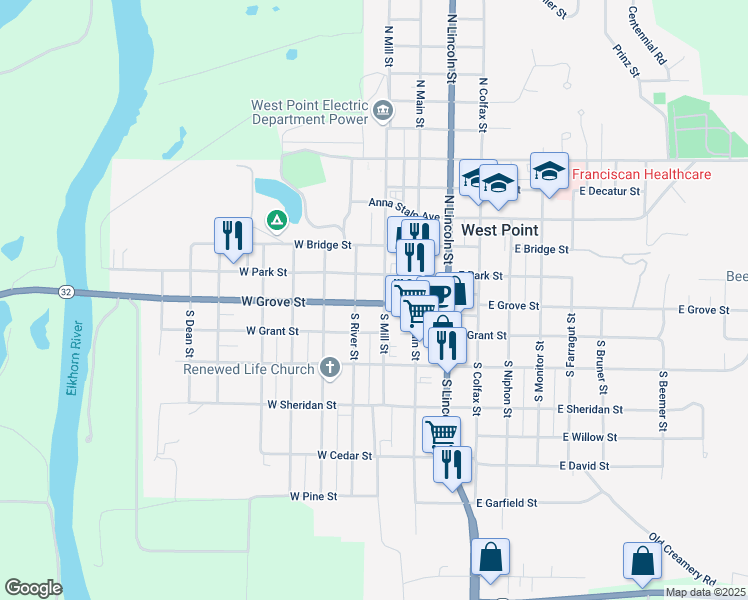 map of restaurants, bars, coffee shops, grocery stores, and more near 236 Grove Street in West Point