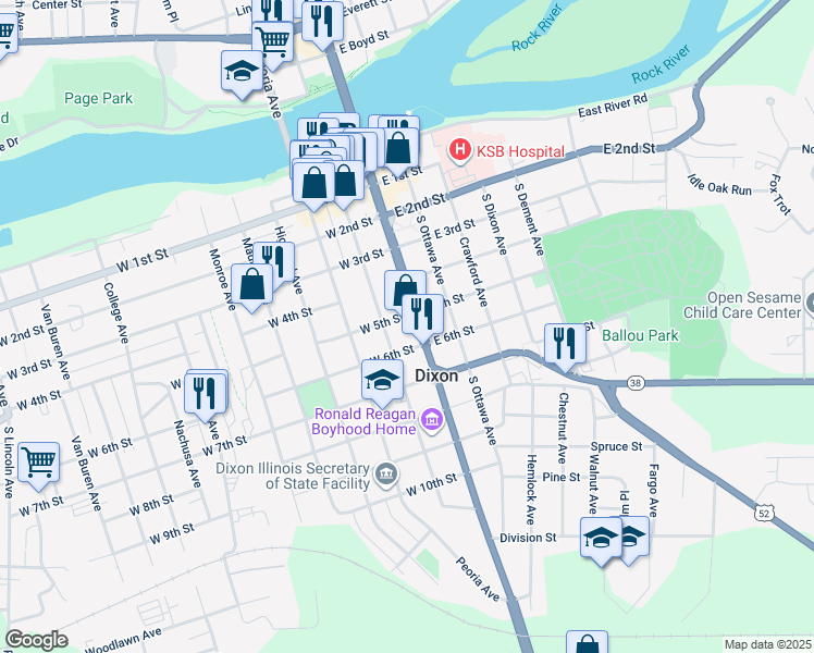 map of restaurants, bars, coffee shops, grocery stores, and more near 505 South Galena Avenue in Dixon