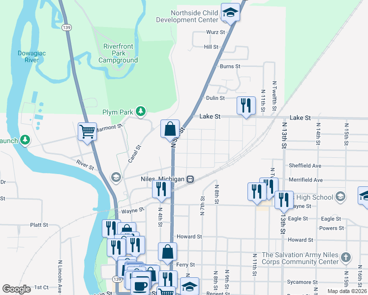 map of restaurants, bars, coffee shops, grocery stores, and more near 1110 North 6th Street in Niles
