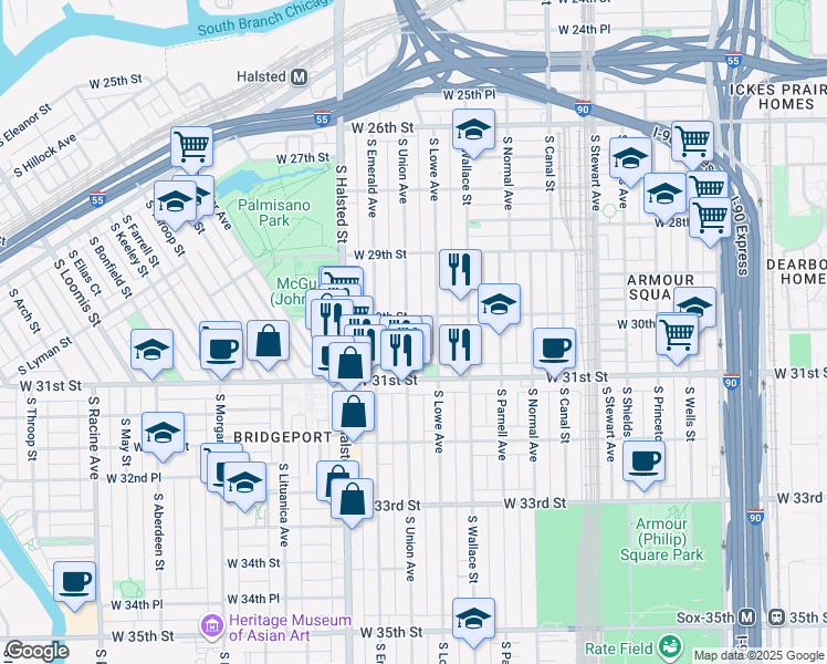 map of restaurants, bars, coffee shops, grocery stores, and more near 3013 South Union Avenue in Chicago