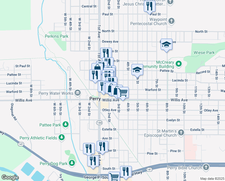 map of restaurants, bars, coffee shops, grocery stores, and more near 1201 Warford Street in Perry