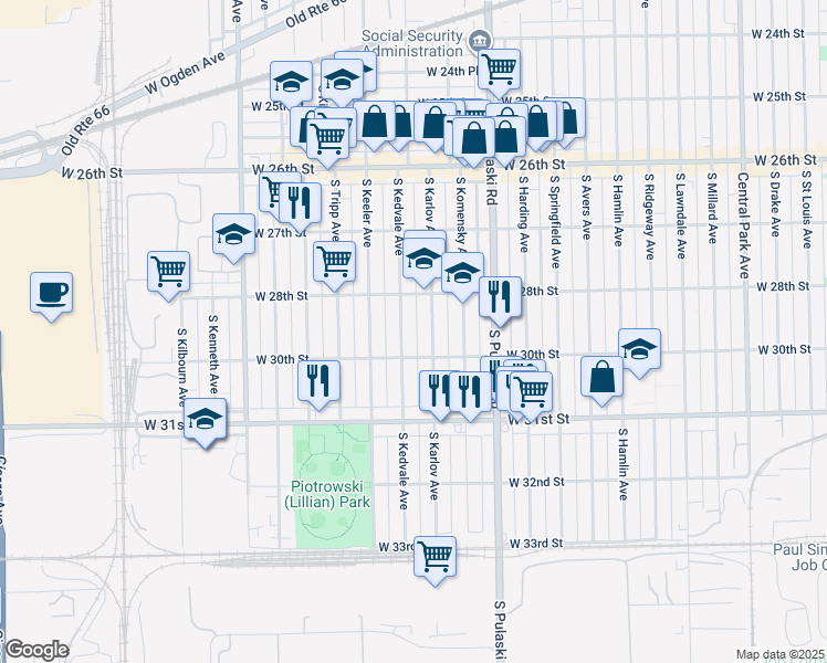 map of restaurants, bars, coffee shops, grocery stores, and more near 2835 South Kedvale Avenue in Chicago
