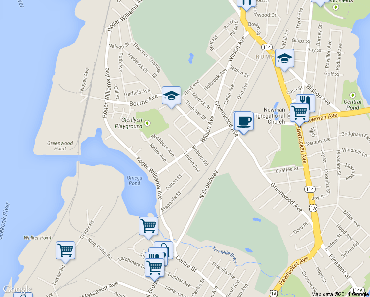 map of restaurants, bars, coffee shops, grocery stores, and more near 105 Wilson Ave in East Providence