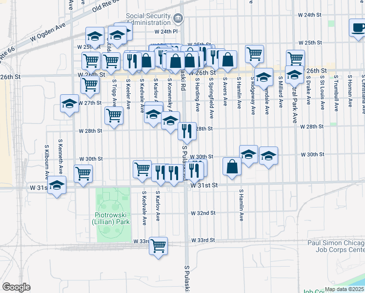 map of restaurants, bars, coffee shops, grocery stores, and more near 2834 South Pulaski Road in Chicago