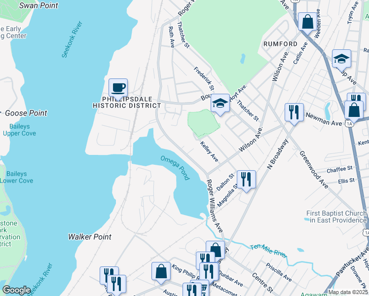 map of restaurants, bars, coffee shops, grocery stores, and more near 105 Roger Williams Avenue in East Providence