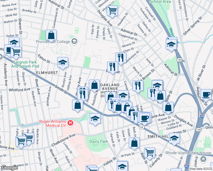 map of restaurants, bars, coffee shops, grocery stores, and more near 107 Pembroke Ave in Providence