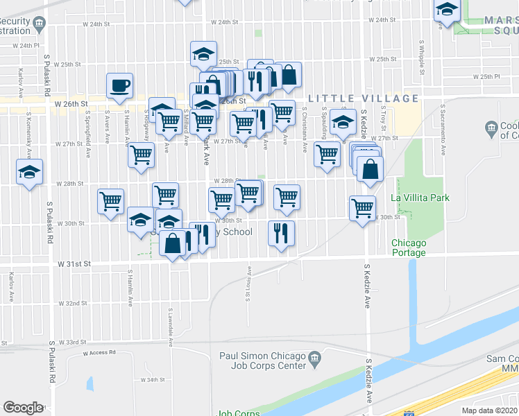 map of restaurants, bars, coffee shops, grocery stores, and more near 2842 South Trumbull Avenue in Chicago