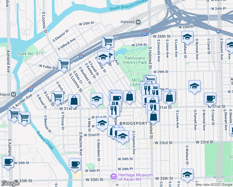 map of restaurants, bars, coffee shops, grocery stores, and more near 3004 South Throop Street in Chicago