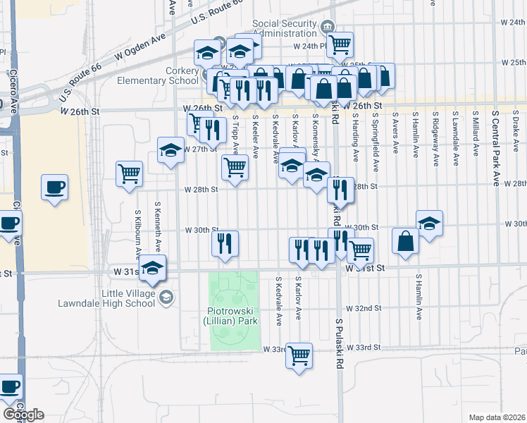 map of restaurants, bars, coffee shops, grocery stores, and more near 2833 S Keeler Ave in Chicago