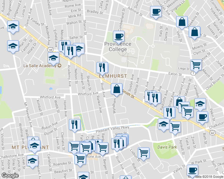 map of restaurants, bars, coffee shops, grocery stores, and more near 16 Whitford Avenue in Providence