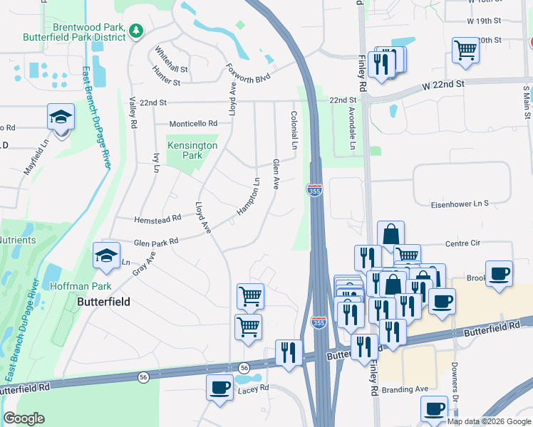 map of restaurants, bars, coffee shops, grocery stores, and more near 2 Glen Avenue in Lombard