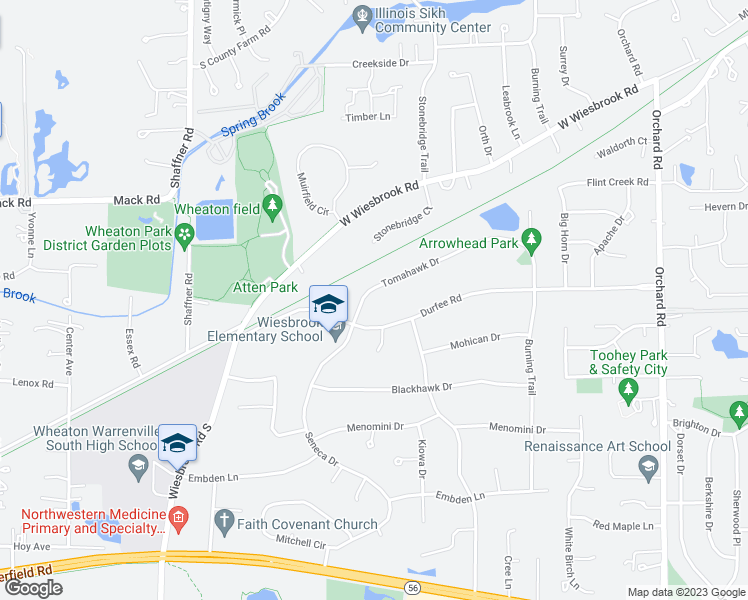 map of restaurants, bars, coffee shops, grocery stores, and more near 26W313 Tomahawk Drive in Wheaton