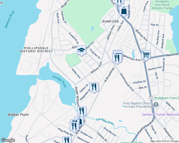 map of restaurants, bars, coffee shops, grocery stores, and more near 105 Wilson Avenue in East Providence
