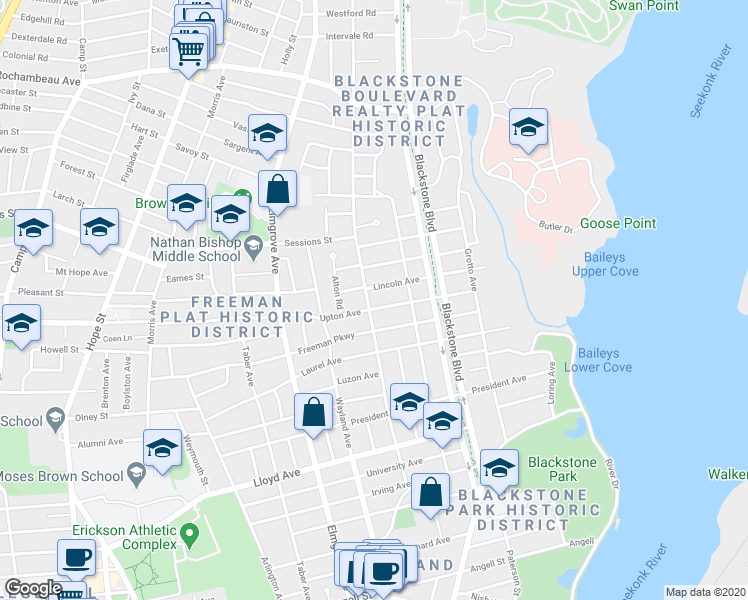 map of restaurants, bars, coffee shops, grocery stores, and more near in Providence