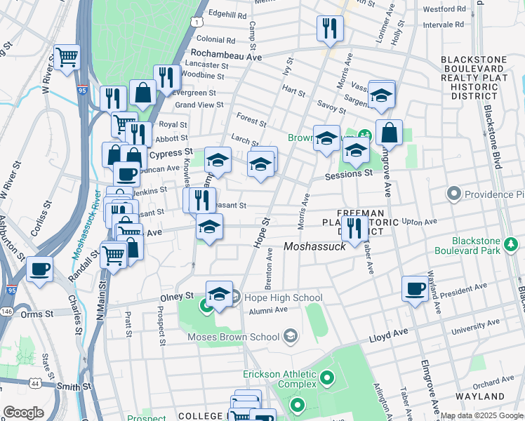 map of restaurants, bars, coffee shops, grocery stores, and more near 480 Hope Street in Providence