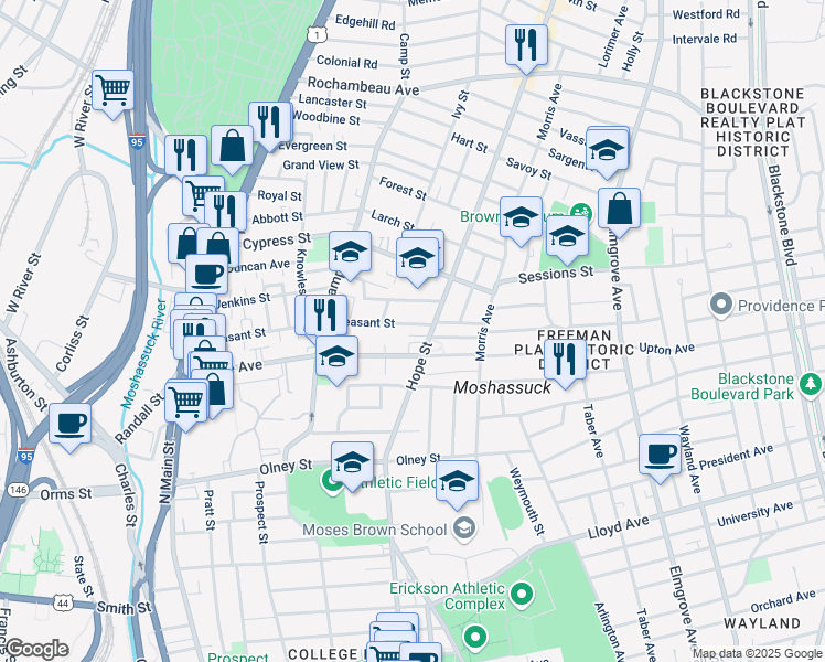 map of restaurants, bars, coffee shops, grocery stores, and more near 480 Hope Street in Providence