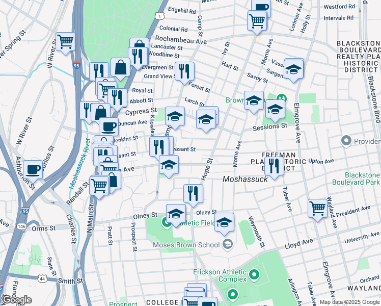 map of restaurants, bars, coffee shops, grocery stores, and more near 211 Pleasant Street in Providence