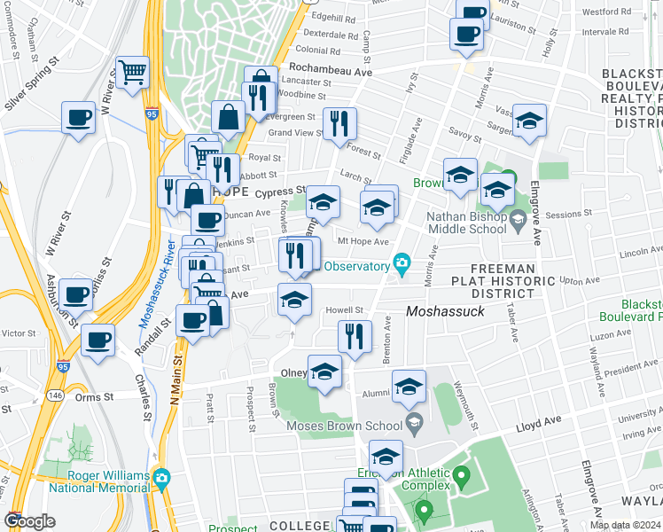 map of restaurants, bars, coffee shops, grocery stores, and more near 171 Pleasant Street in Providence