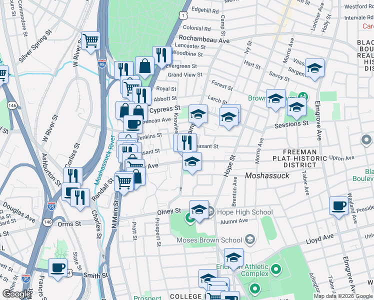 map of restaurants, bars, coffee shops, grocery stores, and more near 127 Pleasant Street in Providence