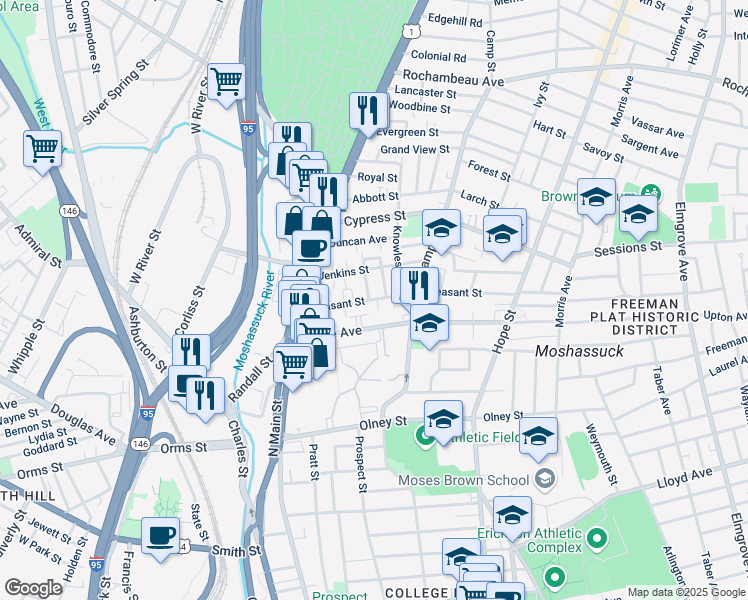 map of restaurants, bars, coffee shops, grocery stores, and more near 85 Pleasant Street in Providence