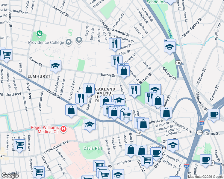 map of restaurants, bars, coffee shops, grocery stores, and more near 14 Dome Street in Providence