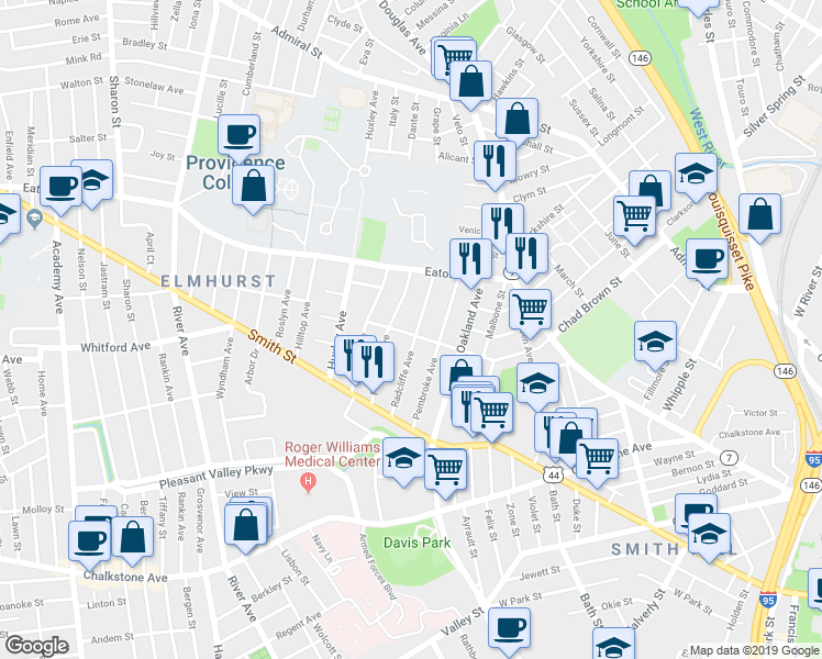 map of restaurants, bars, coffee shops, grocery stores, and more near 90 Radcliffe Avenue in Providence