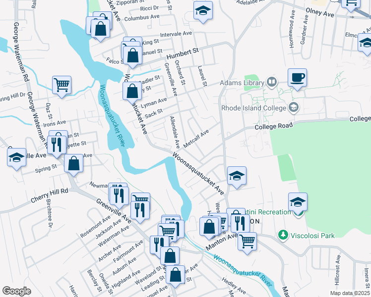 map of restaurants, bars, coffee shops, grocery stores, and more near 19 Metcalf Avenue in North Providence