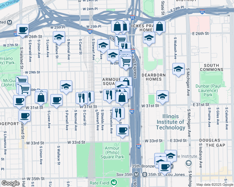 map of restaurants, bars, coffee shops, grocery stores, and more near 3002 South Wells Street in Chicago