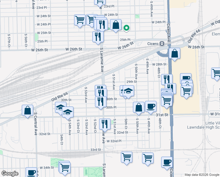 map of restaurants, bars, coffee shops, grocery stores, and more near 5116 West 29th Place in Cicero