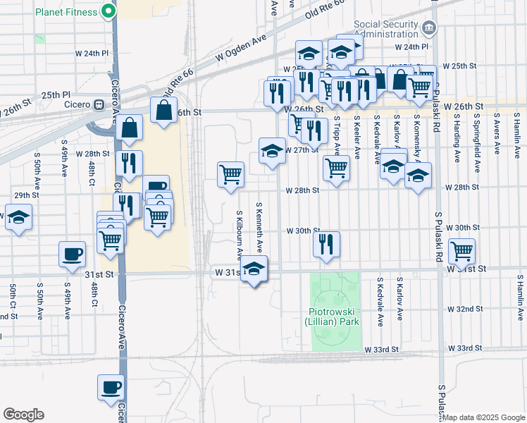 map of restaurants, bars, coffee shops, grocery stores, and more near 2829 South Kenneth Avenue in Chicago