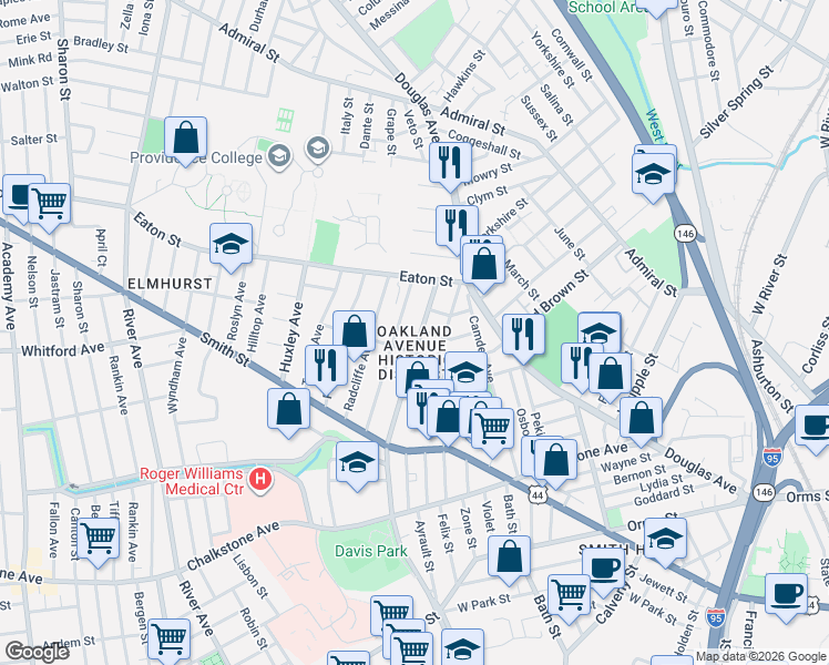 map of restaurants, bars, coffee shops, grocery stores, and more near 188 Oakland Avenue in Providence