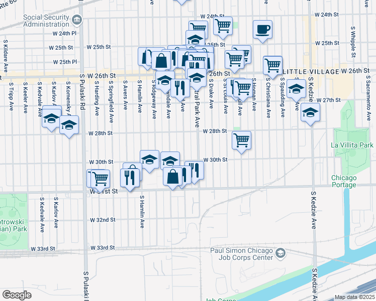 map of restaurants, bars, coffee shops, grocery stores, and more near 2839 South Millard Avenue in Chicago