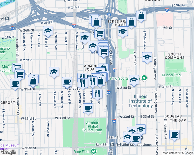 map of restaurants, bars, coffee shops, grocery stores, and more near 3002 South Wells Street in Chicago