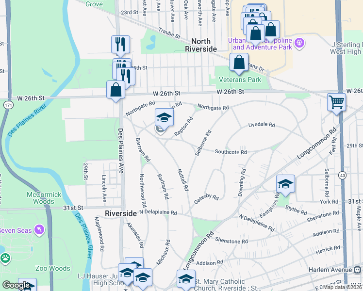 map of restaurants, bars, coffee shops, grocery stores, and more near 121 Southcote Road in Riverside
