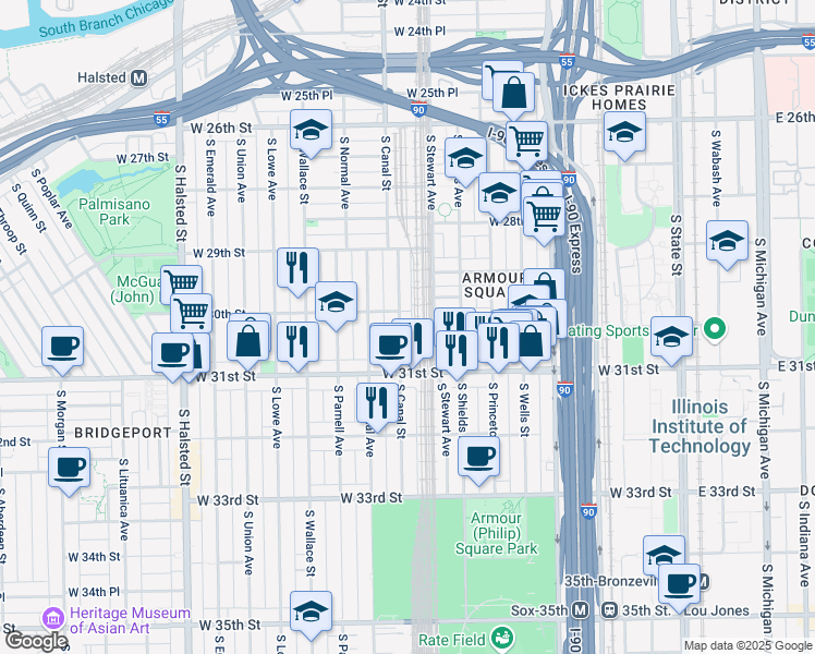 map of restaurants, bars, coffee shops, grocery stores, and more near 3013 South Canal Street in Chicago
