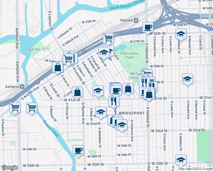 map of restaurants, bars, coffee shops, grocery stores, and more near 2953 South Keeley Street in Chicago