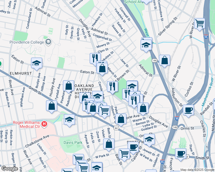 map of restaurants, bars, coffee shops, grocery stores, and more near 319 Douglas Avenue in Providence